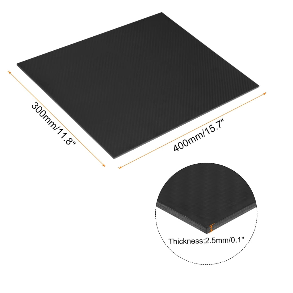 Piastra in fibra di carbonio, dimensioni 400x300x2,5 mm, tipo 3K, prodotta tramite estrusione a filo continuo, finitura opaca, 1 pezzo