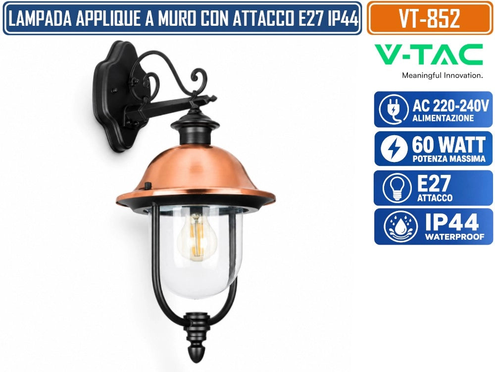 V-TAC VT-852 APPLIQUE LAMPADA DA ESTERNO E27 NERA RAME IP44 60W MAX IN ALLUMINIO E VETRO - SKU 7531