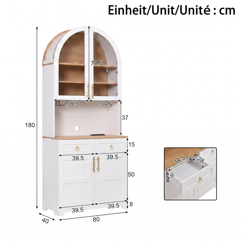 Cristalliera con vetrina ad ante curve; piano aperto; LED regolabile via app e prese USB bianca 80 × 40 × 180 cm