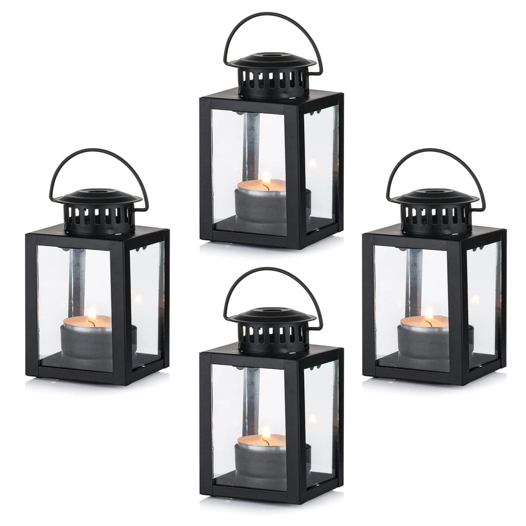 Set di 4 lanterne vintage per candele, colore nero, vetro/metallo