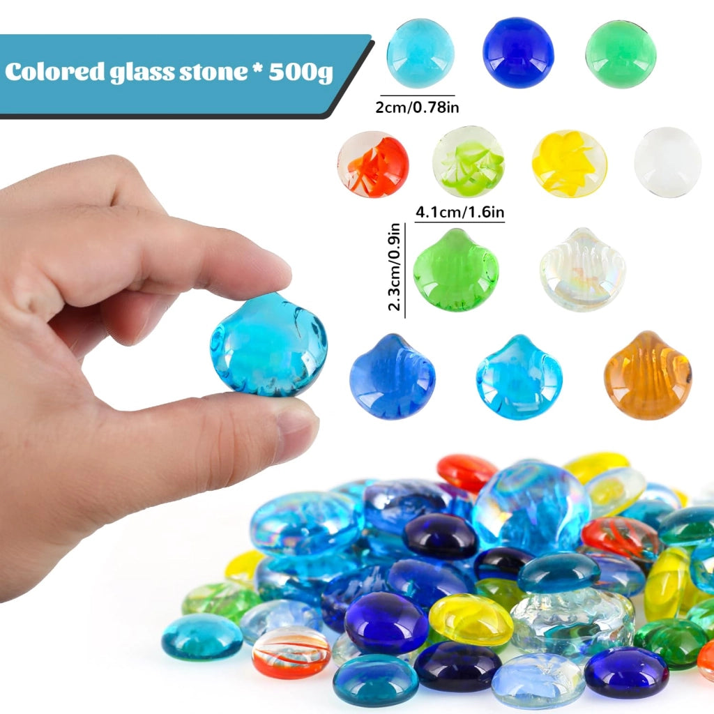 Pietre di vetro colorate, 500 g, conchiglie e forme rotonde, dimensioni 3 cm e 1,7–2,2 cm
