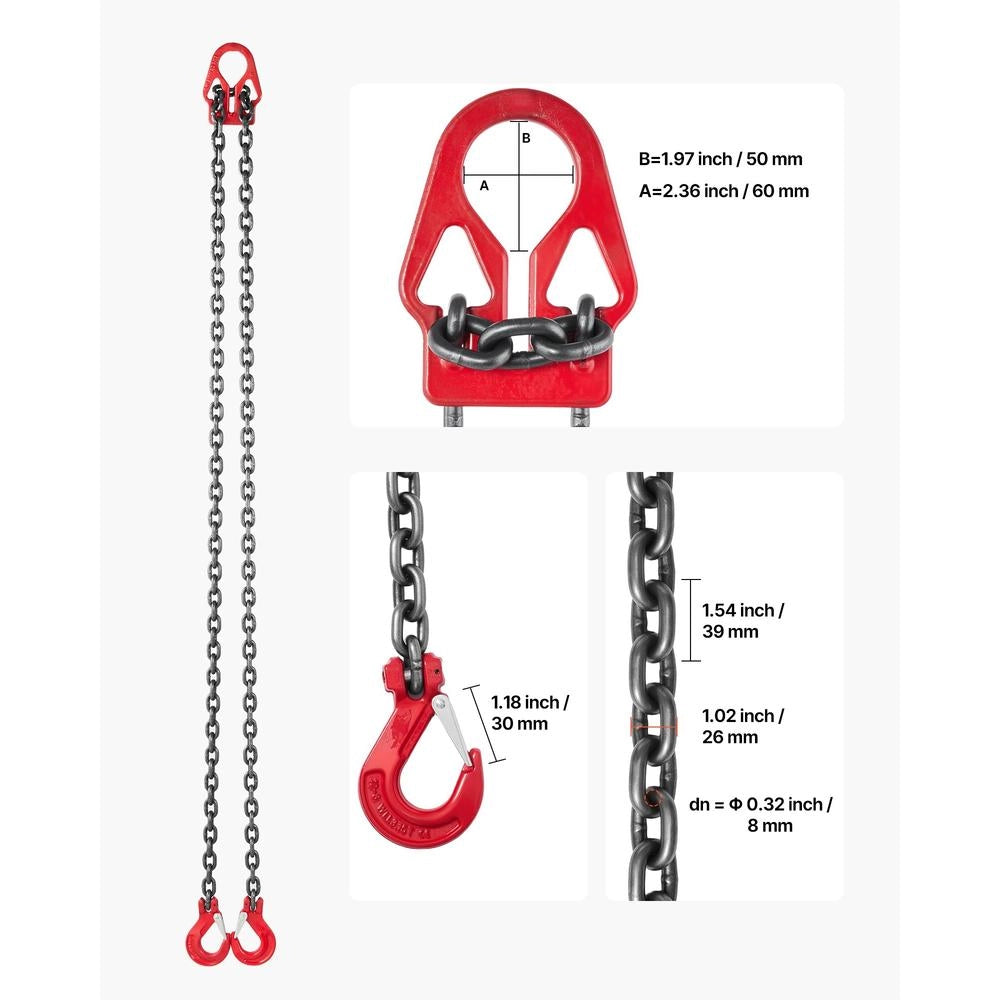 Imbracatura a Catena di Sollevamento 8x3M-1 in Acciaio G80 8 mm x 3 m con 2 Ganci Robusta per Officina Portata 3,17 T