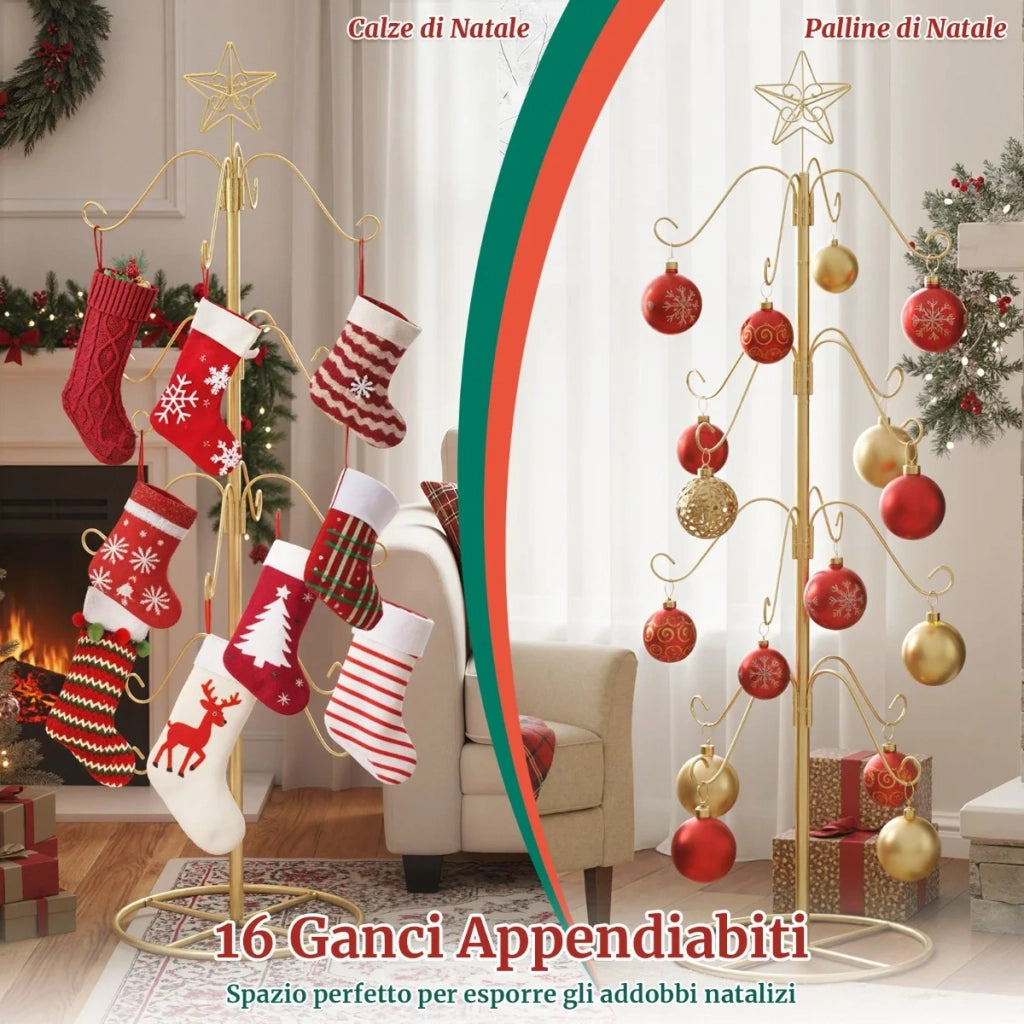 Albero Espositore Porta Calze di Natale in Metallo Dorato con 16 Ganci e Stella, Supporto Decorativo per Casa e Feste