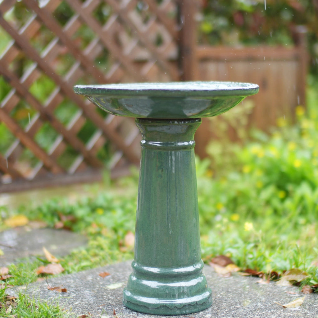 Bagno per uccelli in ceramica Ø 31,5 cm H 38 cm verde scuro lucido per giardino e balcone