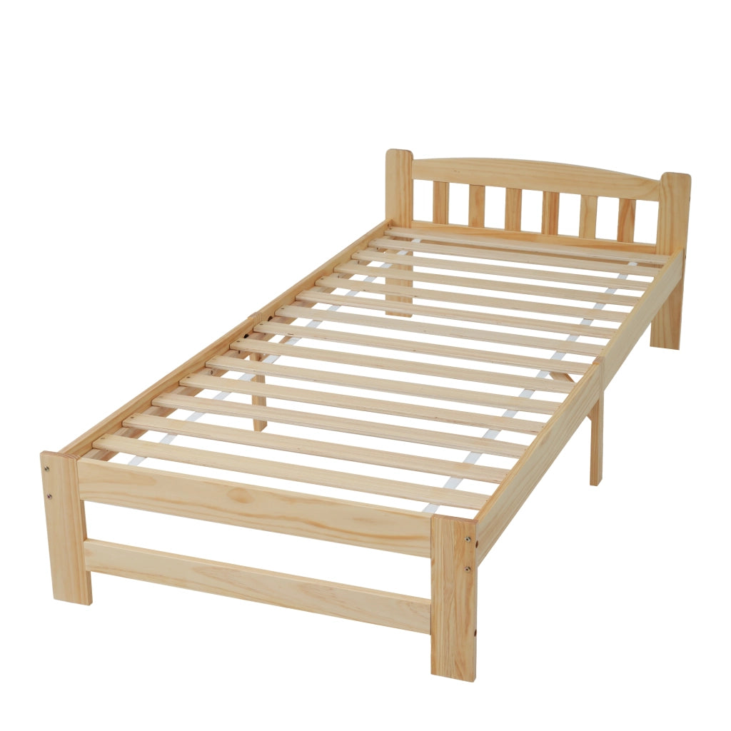 Letto singolo futon 90 × 200 cm con testiera e rete a doghe in legno color naturale con piede centrale