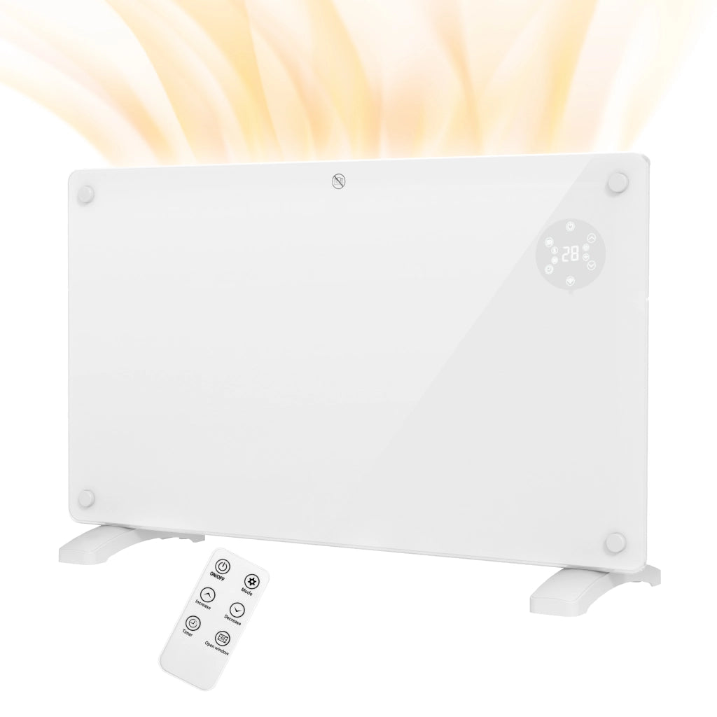 Radiatore elettrico da 1500 W, installabile a pavimento o a parete, con display a LED, timer da 24 ore o settimanale, termostato e telecomando.
