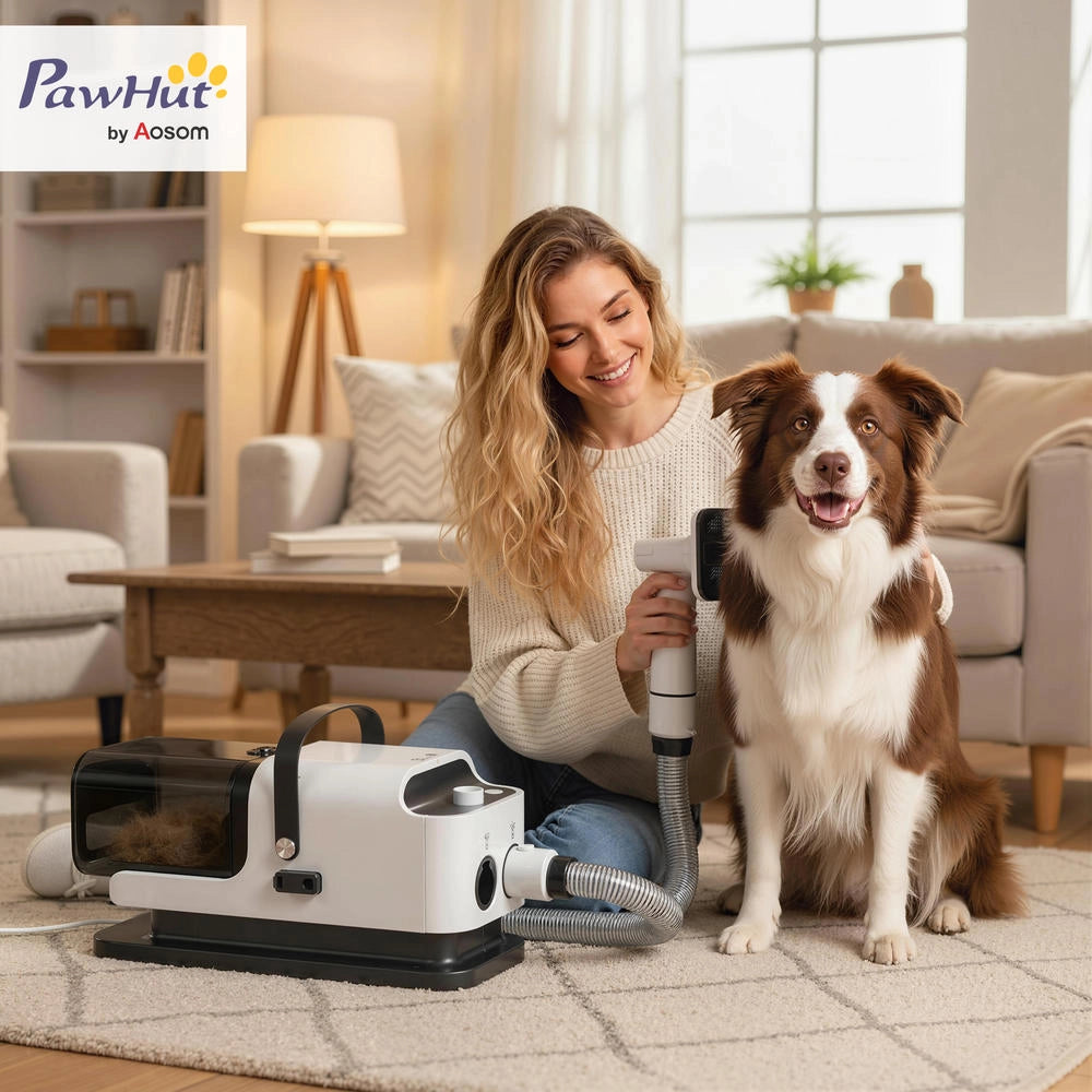 Kit toelettatura per cani 5 in 1, aspiratore e asciugatore peli animali 12kPa 50dB, serbatoio 1,8L, silenzioso bianco