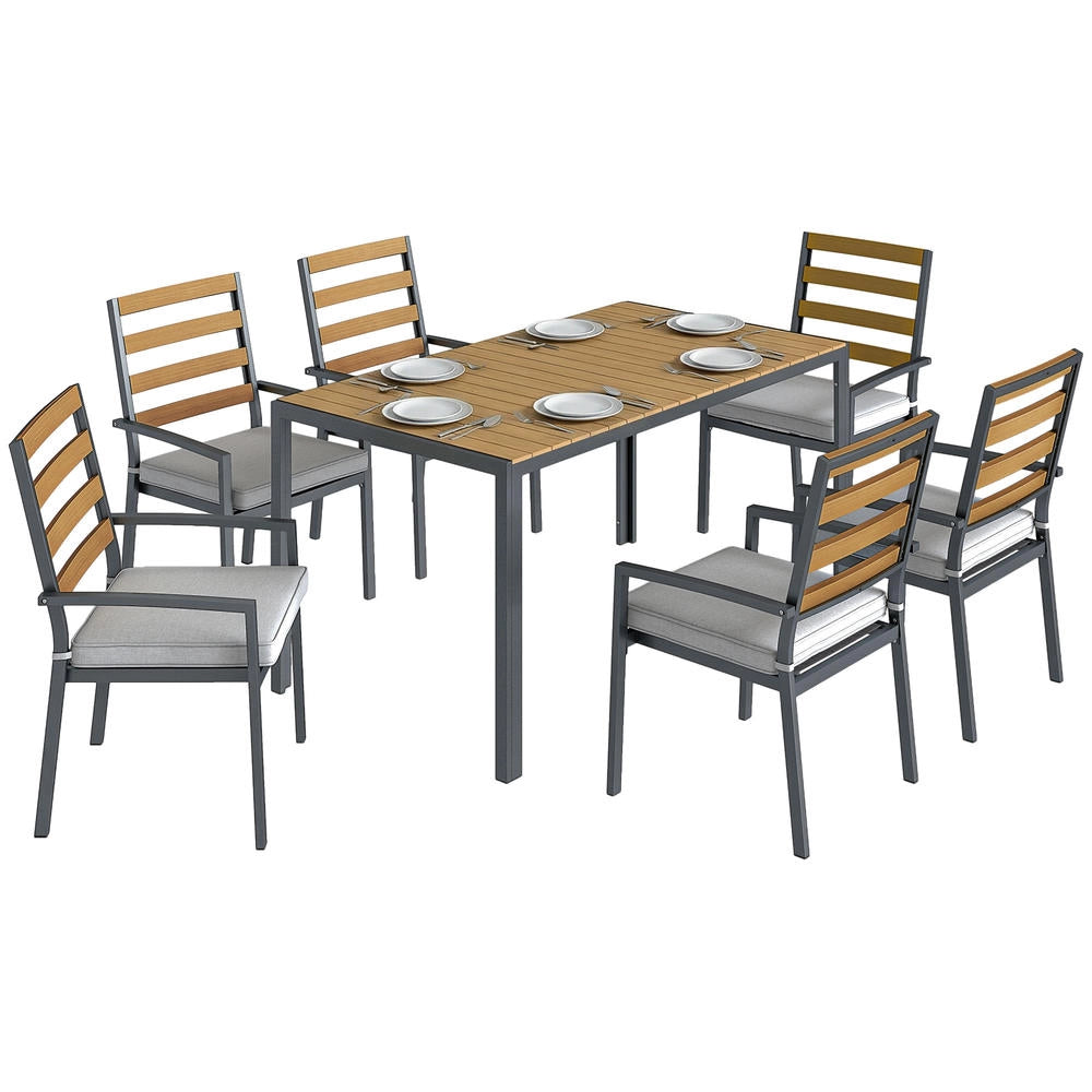 Set da Giardino 7 Pezzi con Tavolo da Pranzo e 6 Sedie con Cuscini, Struttura in Acciaio e Piano Effetto Legno, per Terrazzo ed Esterno