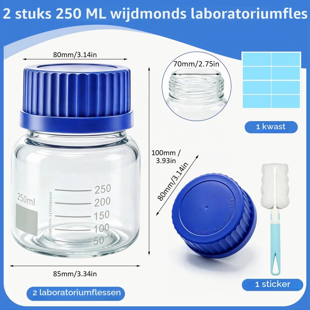 Bottiglia da laboratorio da 250 ml, modello GL80, confezione da 2 pezzi, collo largo, vetro per soda calce
