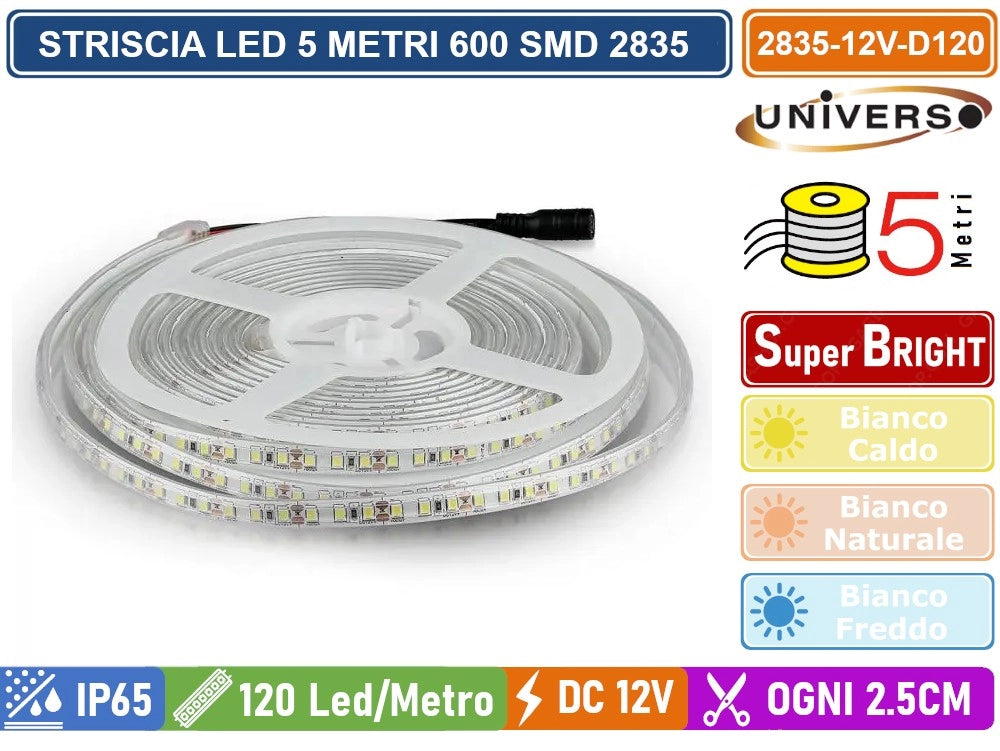STRIP STRISCIA LED MONOCOLORE 5 METRI SMD 2835 120 LED METRO IP65 DIVISIBILE OGNI 2.5CM - Colore Luce:Bianco Freddo