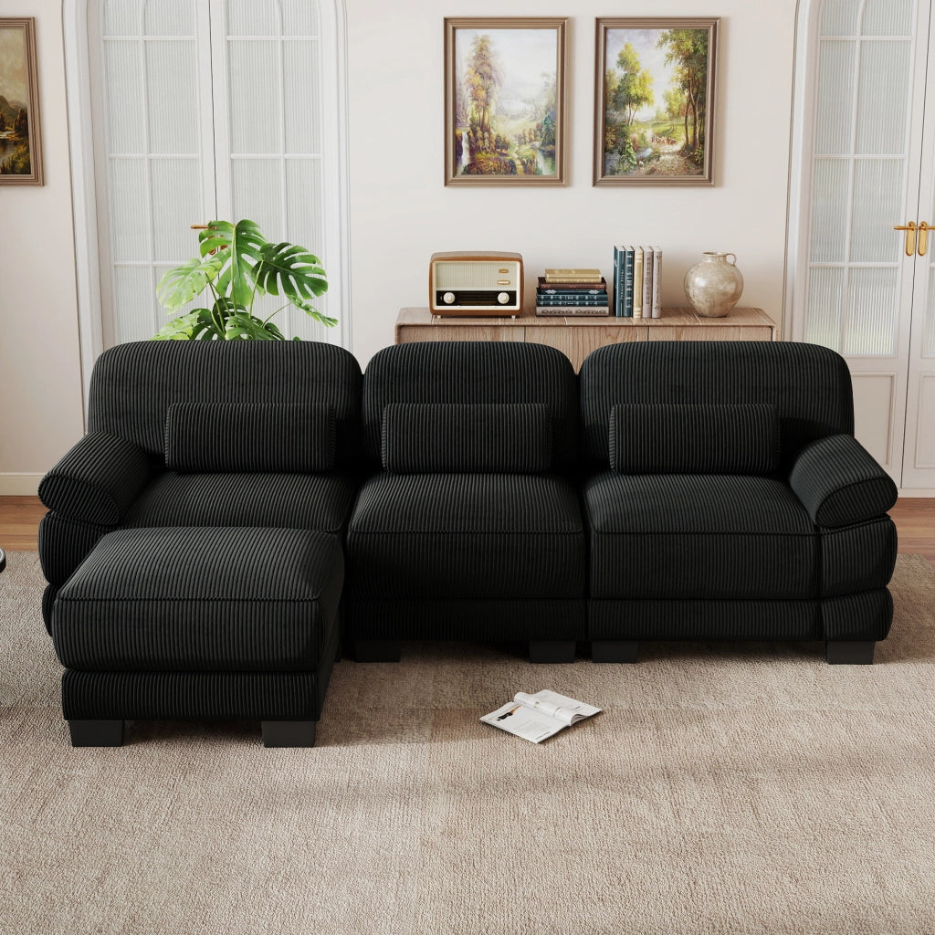 Divano modulare 265x161x94 cm configurabile a L o a U con pouf in velluto a coste nero