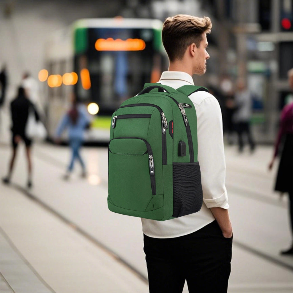 Zaino portacomputer verde da 15,6 pollici con porta USB e tasca antifurto