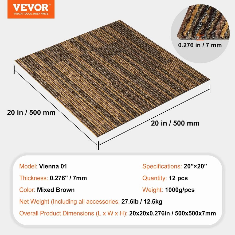 Quadrotte in Moquette Vienna 01, 12 Pezzi 500 x 500 mm Tappeto Modulare Imbottito Morbido Marrone Misto per Casa Soggiorno Fai da Te