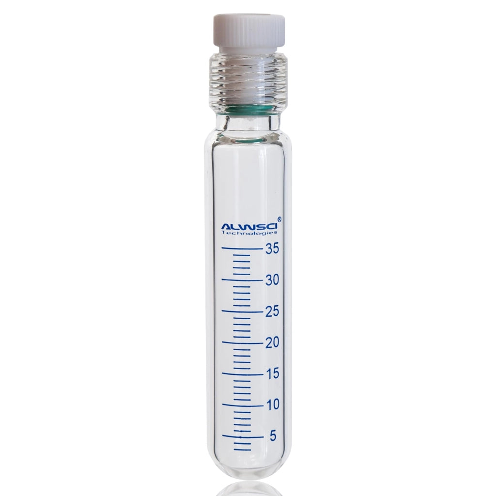 Flacone di vetro resistente, con pareti spesse, da 35 ml, dotato di tappo in PTFE, dimensioni 30x150 mm