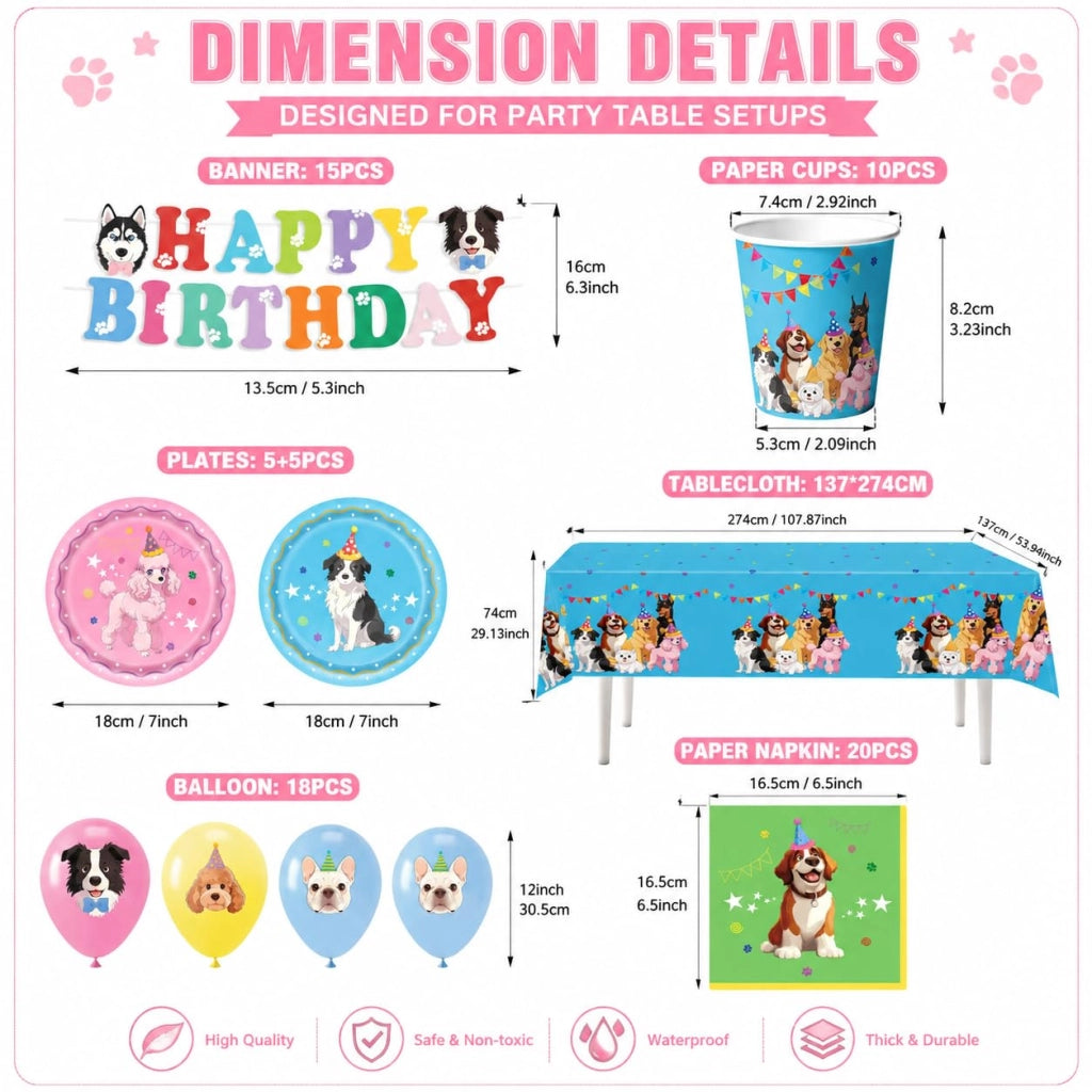 Set di decorazioni per feste a tema cani, completo di piatti, bicchieri, tovaglioli e tovaglia