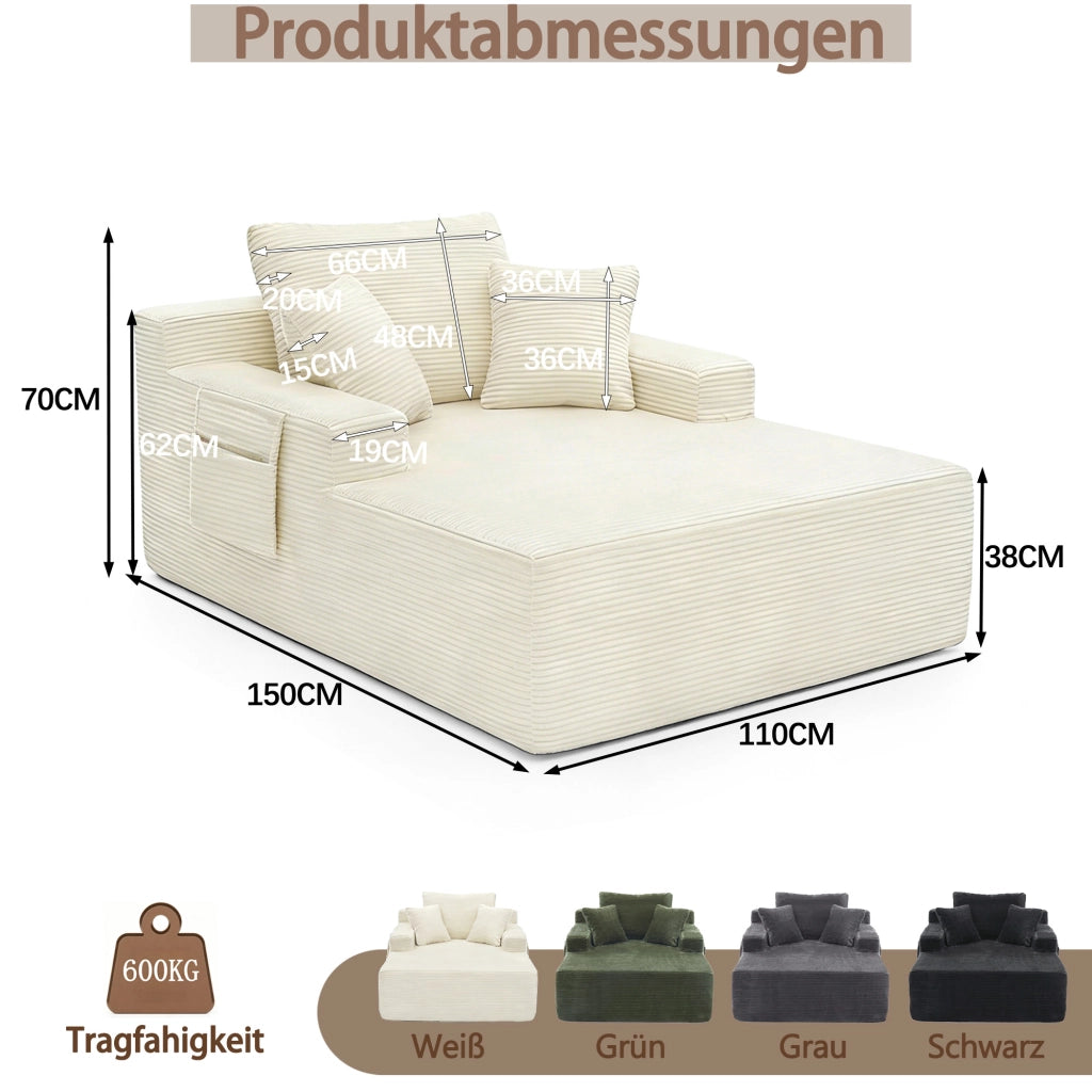 Divano in velluto a coste beige con tasche laterali e cuscini per soggiorno camera da letto o studio