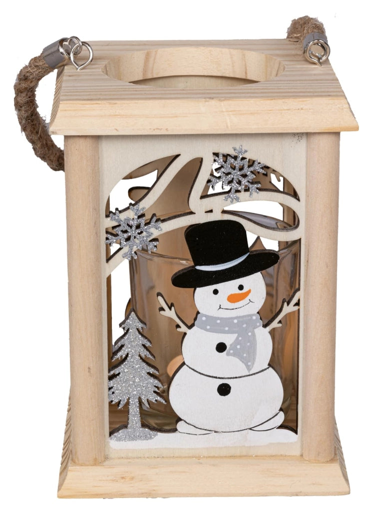 Lanterna a forma di pupazzo di neve, con supporto in vetro per candela, dimensioni 11,5x11,5x16 cm, realizzata in legno