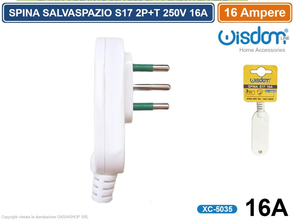 SPINA ELETTRICA SALVASPAZIO S17 2P+T 250V 16A POTENZA MASSIMA 1500 WATT