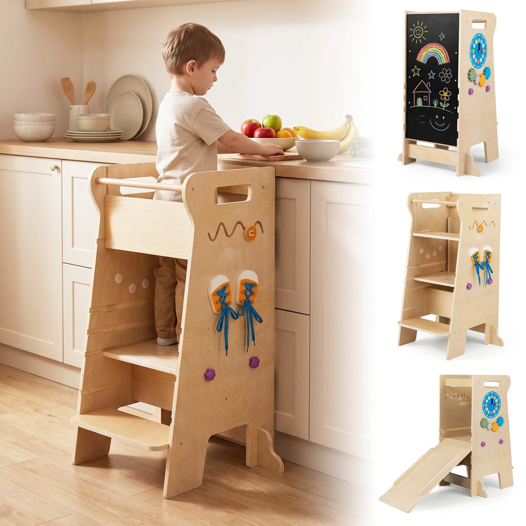 4 in 1 torre montessoriana per bambini con lavagna e scivolo scala sgabello da cucina in legno, Torretta di apprendimento per bambini 3+ anni