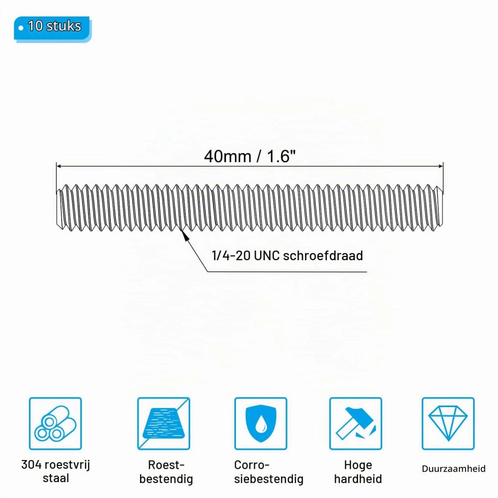 Bulloni filettati 1/4"-20 UNC, acciaio inossidabile 304, confezione da 10 pezzi, lunghezza 40 mm