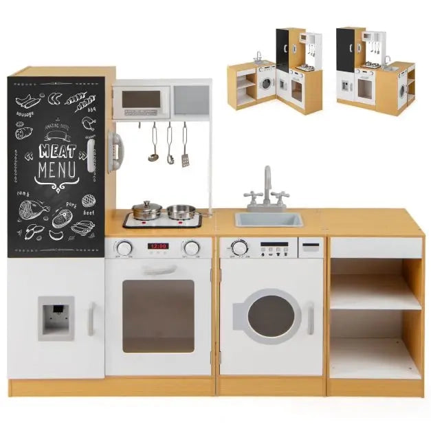 Set 3 Pezzi Cucina Giocattolo per Bambini in Legno Naturale con Suoni e Luci Lavagna e Accessori per Gioco di Ruolo