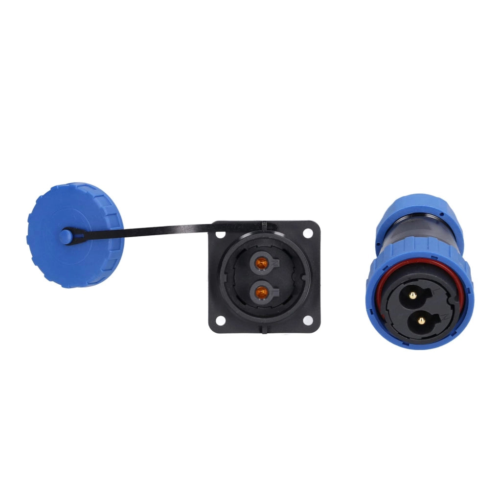 Connettore impermeabile per applicazioni aeronautiche, grado di protezione IP68, con 2 pin, tensione nominale di 250V e corrente nominale di 45A