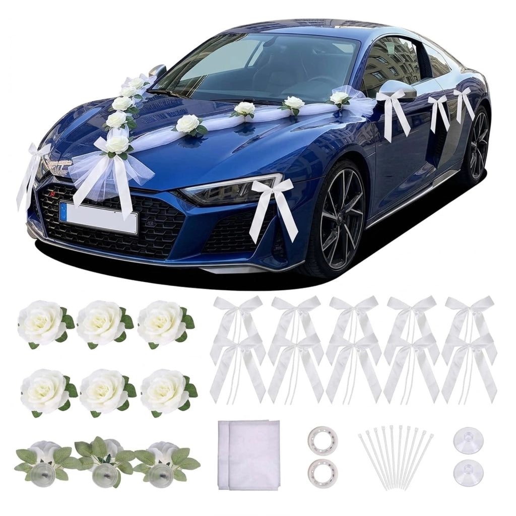 Set di decorazioni per auto nuziale, composto da 9 rose, 10 nastri a fiocco e nastri di tulle