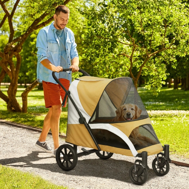 Carrello per cani pieghevole per cani di grandi dimensioni, carrozzina per animali domestici con 4 ruote, guinzagli di sicurezza, freni, marrone