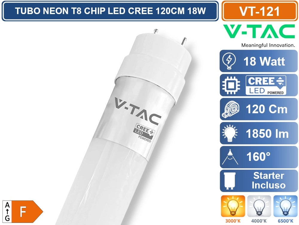 V-TAC PRO VT-121 SMD TUBO LED NANO PLASTIC T8 G13 18W LAMPADINA 120CM CHIP CREE CON STARTER - Colore Luce:Bianco Caldo