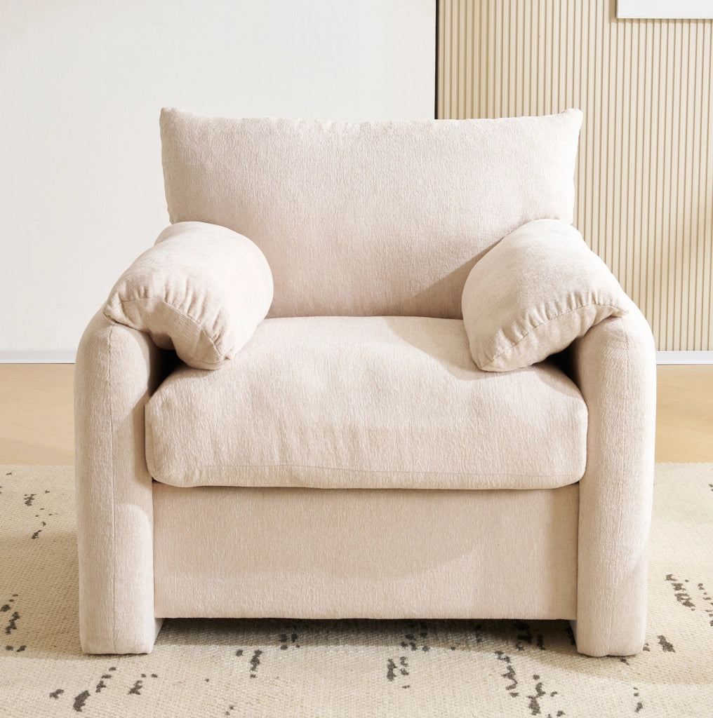 Poltrona IVMEU in ciniglia beige 96x82x84 cm con braccioli imbottiti, per soggiorno o camera da letto