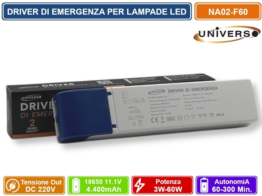 UNIVERSO NA02-F60 DRIVER DI EMERGENZA PER LAMPADE LED DA 3W A 60W AUTONOMIA FINO A 300 MINUTI USCITA DC 220V