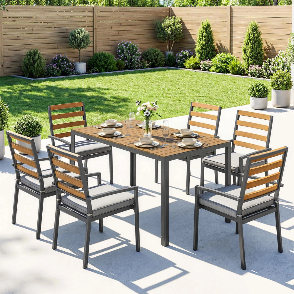 Set da Giardino 7 Pezzi con Tavolo da Pranzo e 6 Sedie con Cuscini, Struttura in Acciaio e Piano Effetto Legno, per Terrazzo ed Esterno