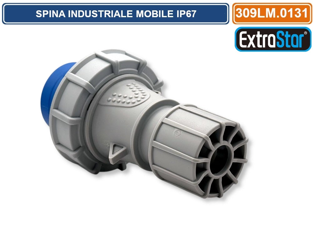 SPINA INDUSTRIALE VOLANTE MONOFASE BLU 16A 2P+E 6H 230V CABLAGGIO A VITE IP67