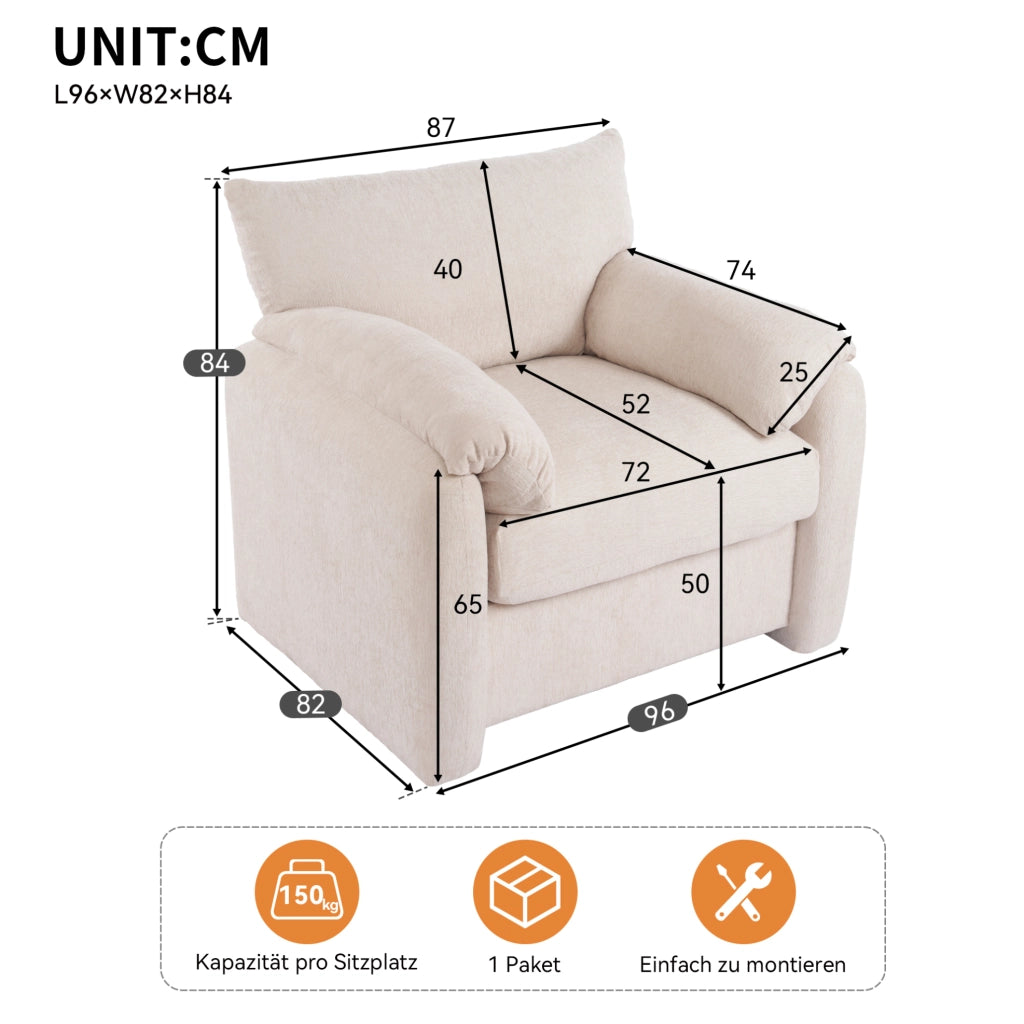 Poltrona IVMEU in ciniglia beige 96x82x84 cm con braccioli imbottiti, per soggiorno o camera da letto