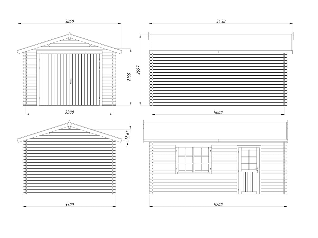 Garage in legno Tony 350x520 cm – abete grezzo, pareti 34 mm - LOSA esterni da vivere Cheonda