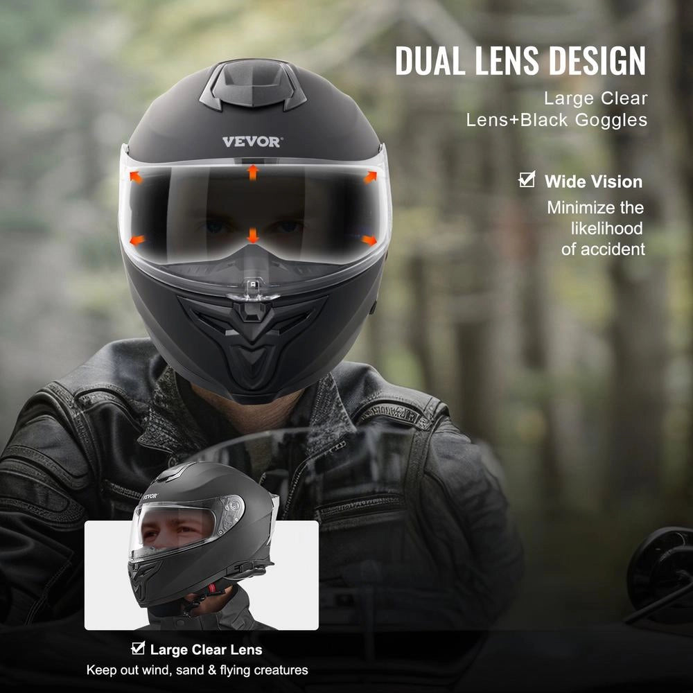 Casco da Moto Integrale WLT-169 in ABS Nero con Slot Bluetooth e Doppia Lente, Casco Motocross Resistente Taglia M 57-58 cm