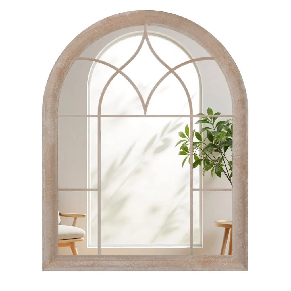 Specchio da giardino ad arco a forma di finestra con telaio in metallo grigio rustico, decorativo da parete per casa e terrazzo, 69 x 88.5 cm