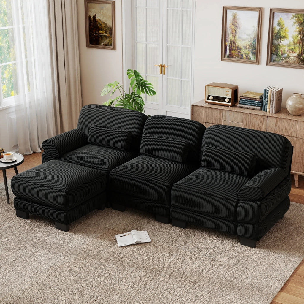 Divano modulare 265x161x94 cm configurabile a L o a U con pouf in velluto a coste nero