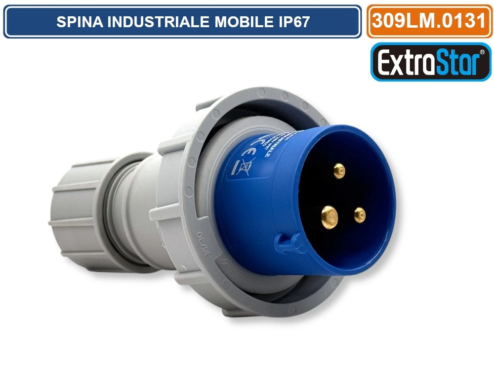 SPINA INDUSTRIALE VOLANTE MONOFASE BLU 16A 2P+E 6H 230V CABLAGGIO A VITE IP67