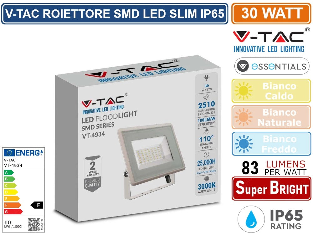 V-TAC VT-4934-W ESSENTIALS SERIES FARO LED SMD 30W ULTRA SOTTILE DA ESTERNO COLORE BIANCO - Colore Luce:Bianco Naturale