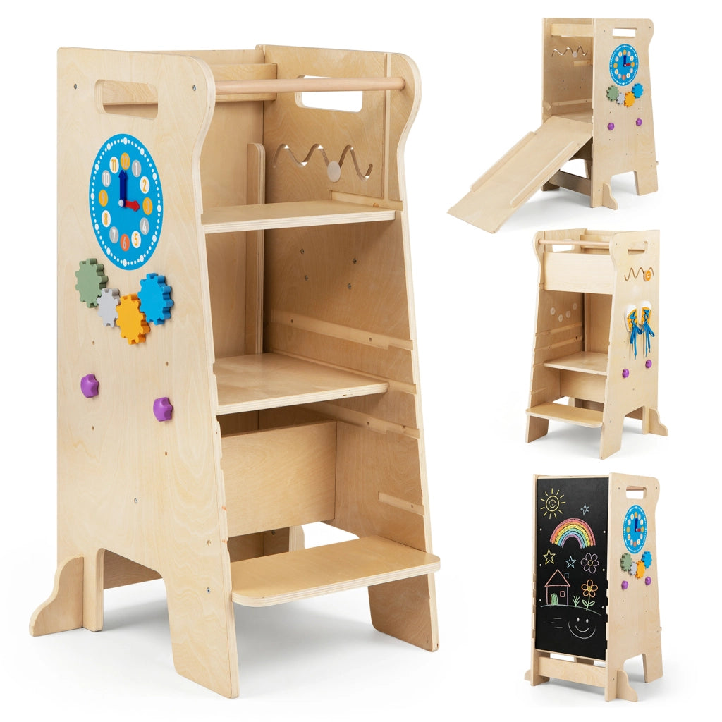4 in 1 torre montessoriana per bambini con lavagna e scivolo scala sgabello da cucina in legno, Torretta di apprendimento per bambini 3+ anni