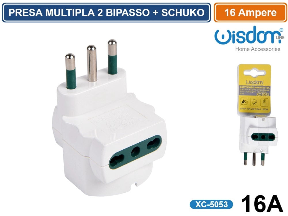 ADATTATORE MULTIPLO 250V 2P+T 16A CON PRESE  BIPASSO P17/11 E SCHUKO P40 COLORE BIANCO