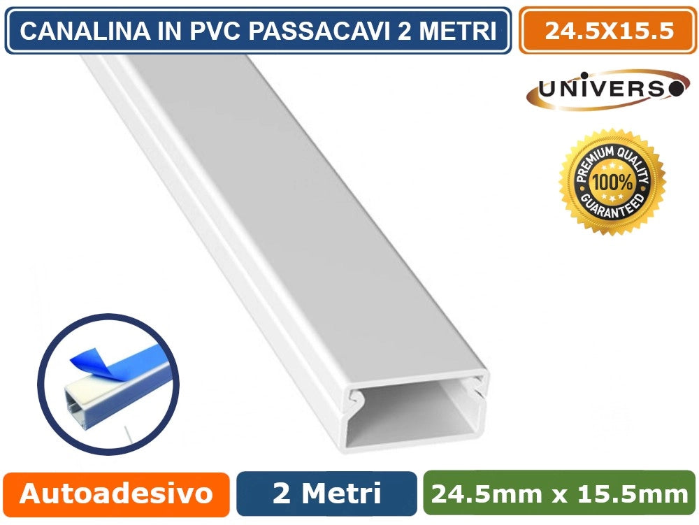 10 PEZZI CANALINA PASSACAVI CON BIADESIVO IN PVC DI COLORE BIANCO LUNGHEZZA 2 METRI 24.5x15.5MM