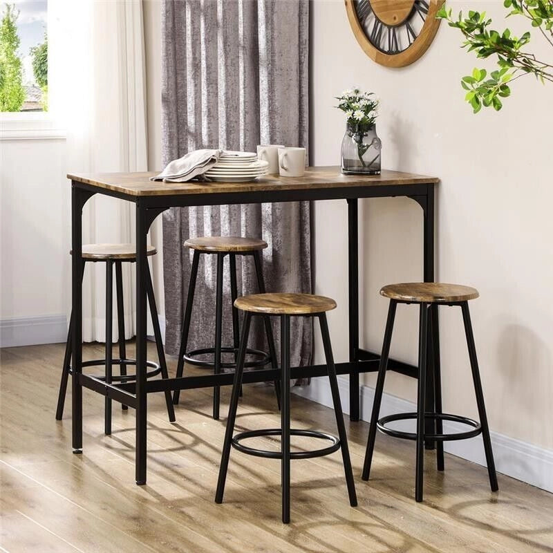 SET DA BAR 5 PEZZI CON TAVOLO ALTO E 4 SGABELLI STILE INDUSTRIALE, MARRONE E NERO