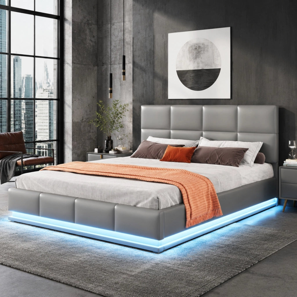 LETTO Imbottito 160x200 cm Grigio con LED e contenitore