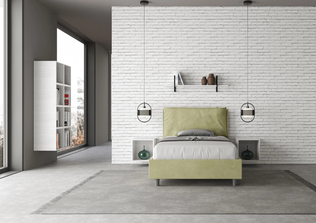 BS COM Letto una piazza e mezza contenitore imbottito 130x190 microfibra tè verde Large