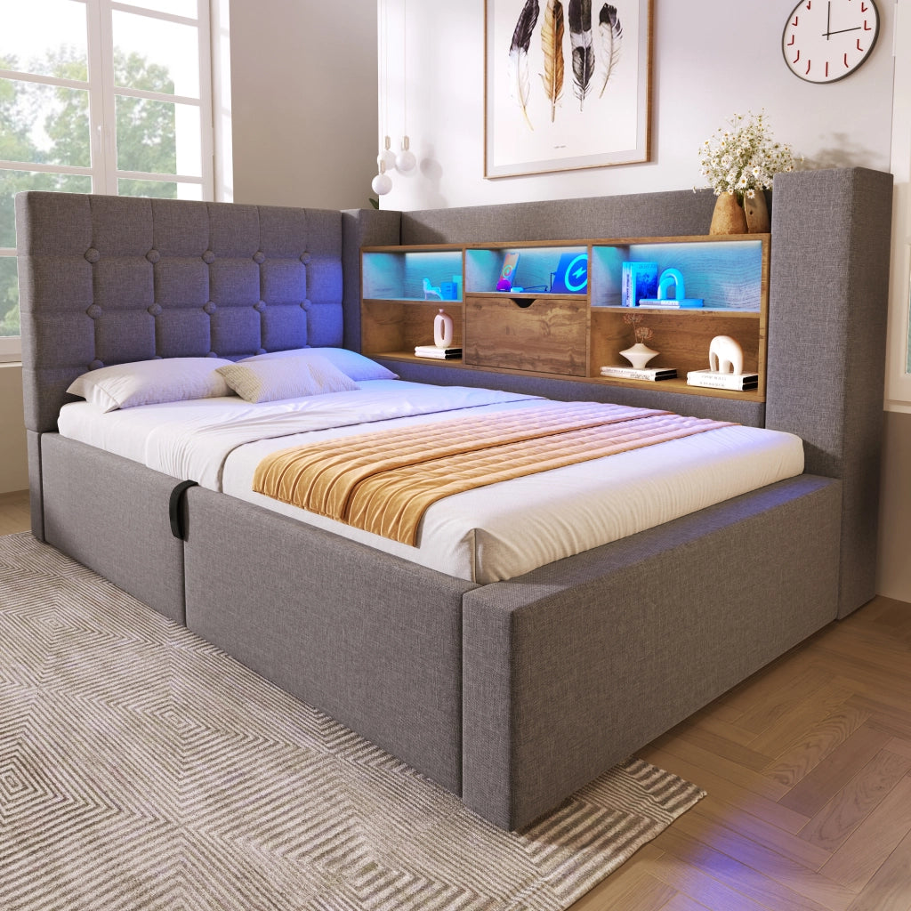 Letto singolo 90x200 cm in lino grigio con LED, USB-C/USB-A, contenitore idraulico e materasso incluso