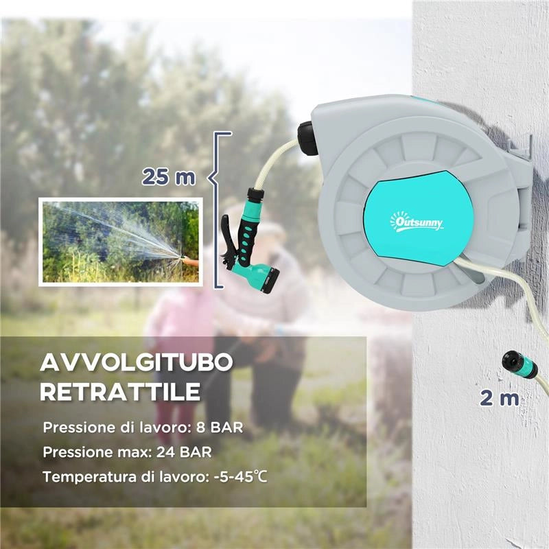 AVVOLGITUBO AUTOMATICO A PARETE E PORTATILE LUNGHEZZA 25+2 MT SISTEMA DI BLOCCO E 7 GETTI GRIGIO
