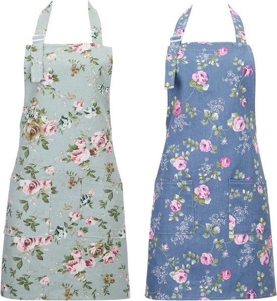 Set di grembiuli da cucina per donne con stampa di fiori, grandi tasche, stile vintage, adatto per cuochi professionisti, ideale per cucinare, cuocere e giardinare.