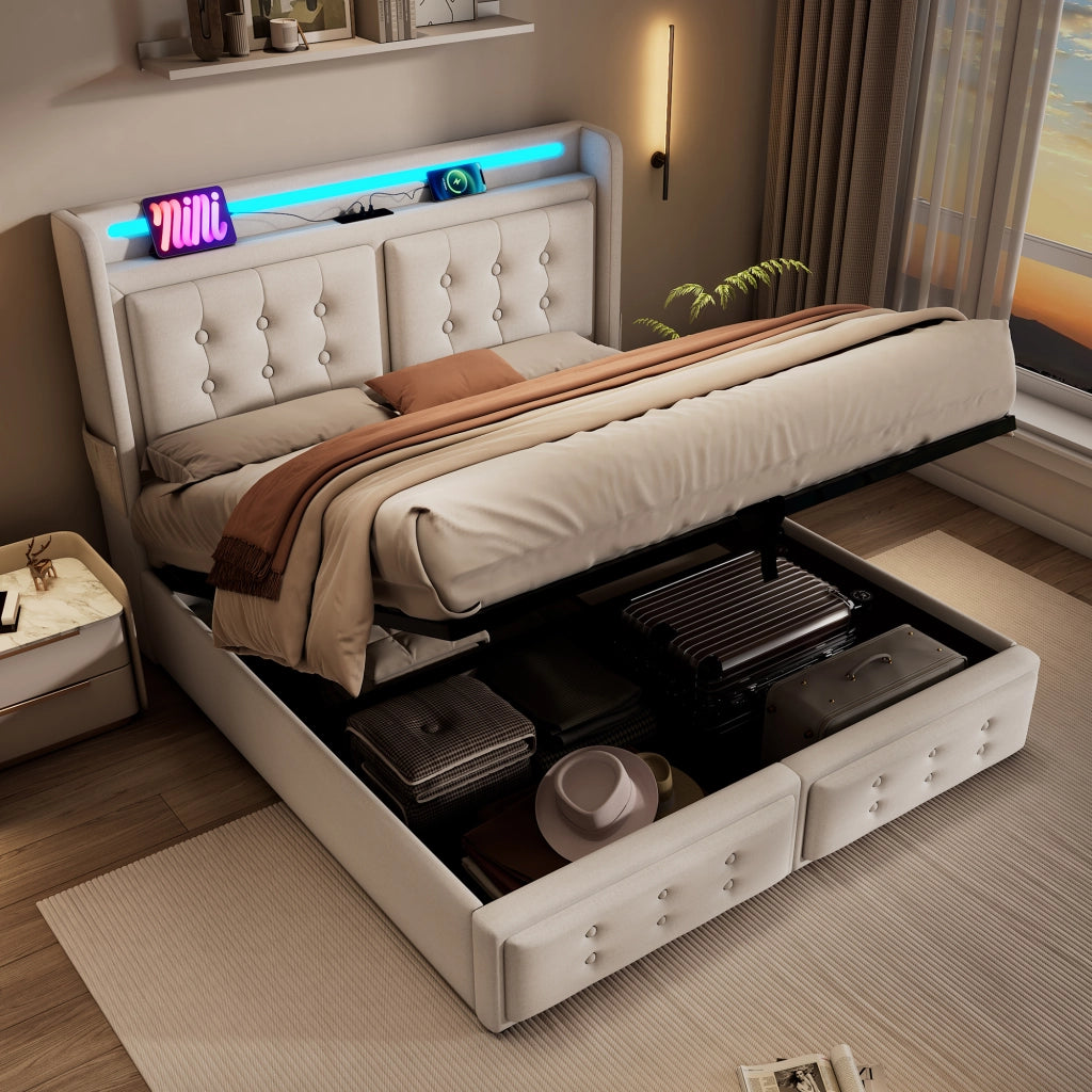 letto imbottito cotone lino beige 160 x 200 cm